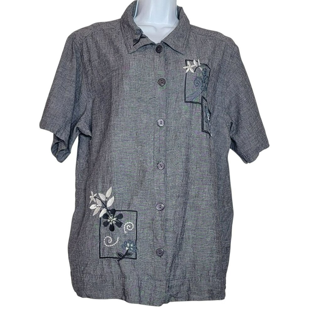 EVR Button Front Blouse, Women 18W/20W, Gray Chambray w/Floral Embellishment,EUC